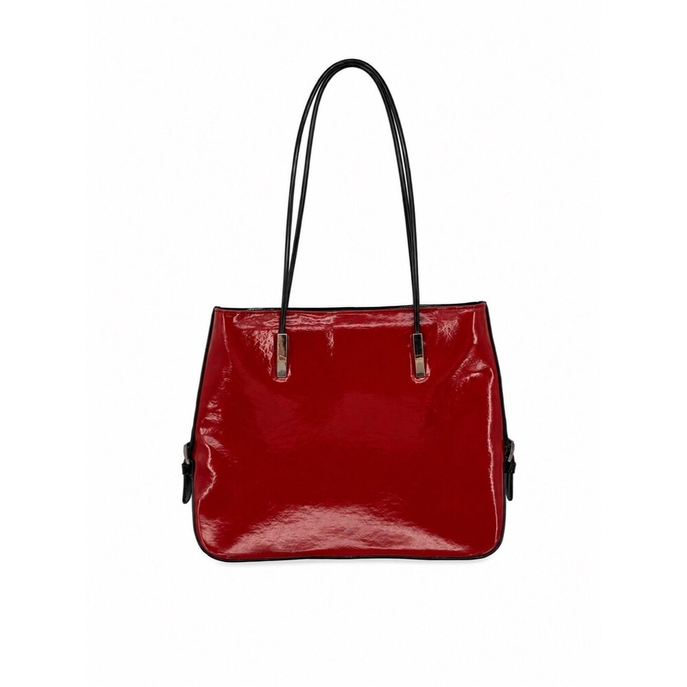 Unbranded Vintage Faux Leather Red Glossy Shoulder Bag Y2k Style Structured